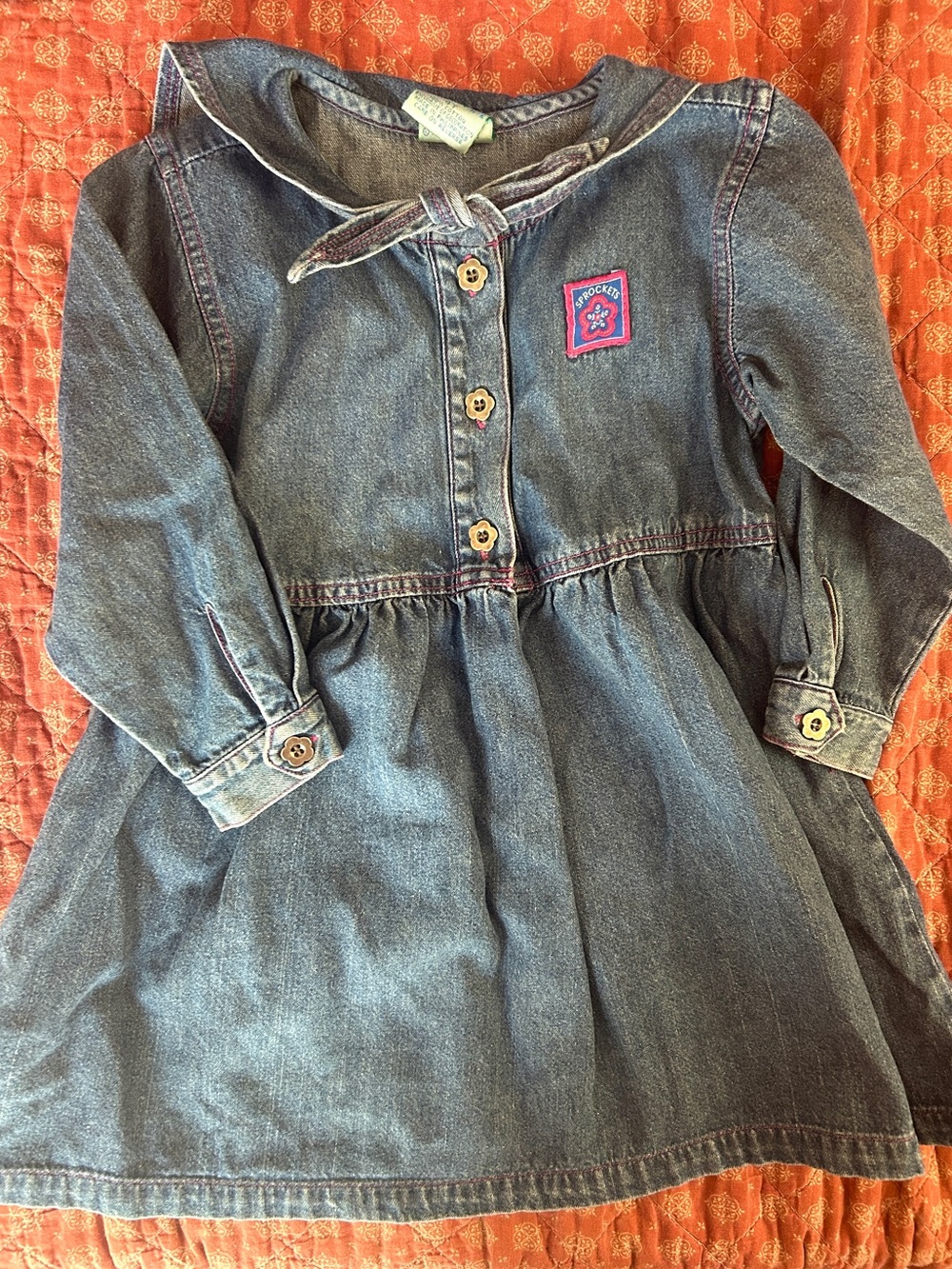 Girls Denim Sailor Collar Dress with Embroidery Embellishment, Vintage Mervyns